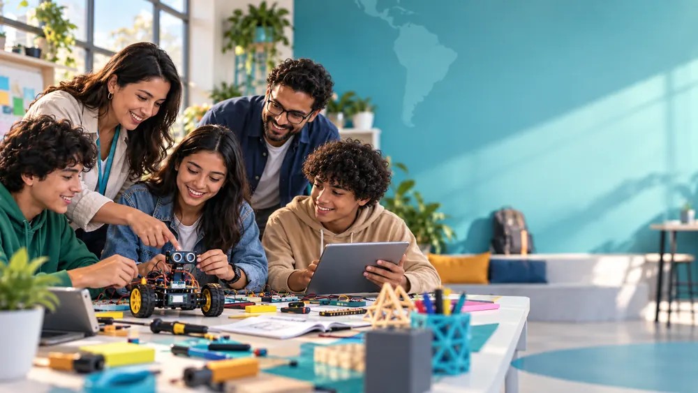 Docentes y estudiantes colaborando en un taller STEAM